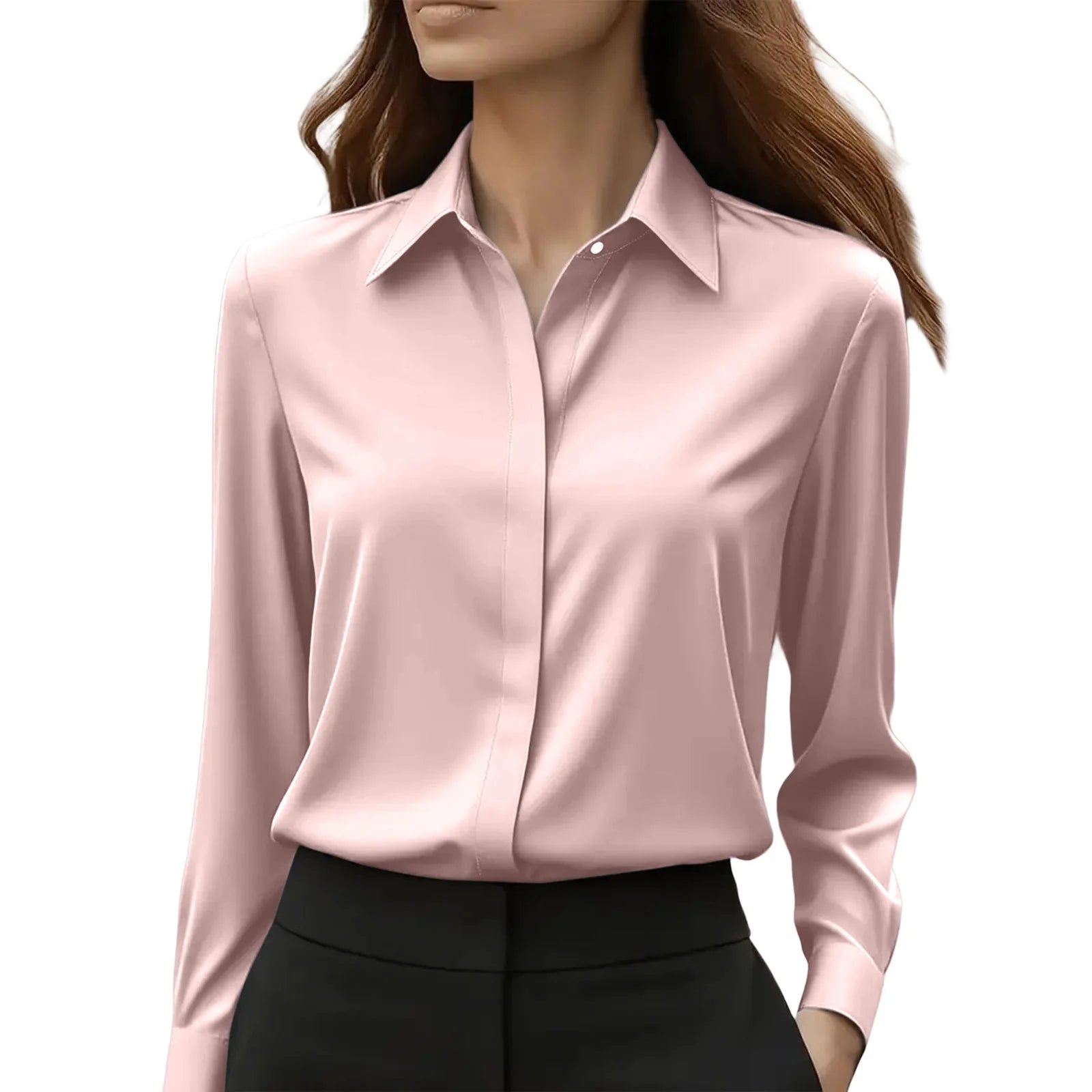 Ingvn  Autumn Solid Color Long Sleeve Lapel Satin Women's Blouse