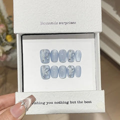 Ingvn  10pcs Handmade Press in Nails Set Blue Cat Eye Short Fake Nails with Charms Butterfly Nail Art Tips Spring Summer nails Press On