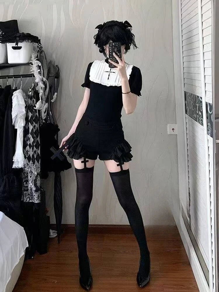 Ingvn  Gothic Vintage Two Piece Suit Women Japanese Lolita Slim Tops High Waist Black Shorts Y2K Girls Party Set chic