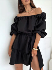 Ingvn  Women's Mini Dress Peplum Dresses Elegant Daily Holiday Going out Regular Fit Pure Color Long Sleeve Off Shoulder