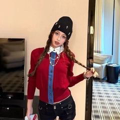 Ingvn - Women's Autumn Winter Vintage Faux Two Piece Embroidered Knit Cardigan Long Sleeve Slim Fit Chic Coquette Trendy Top