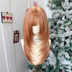 Ingvn - Long Wigs With Bangs Synthetic Natural Straight Layered Fake Hair Party Fluffy Lolita Cosplay Brown Wigs For Women Daily Use