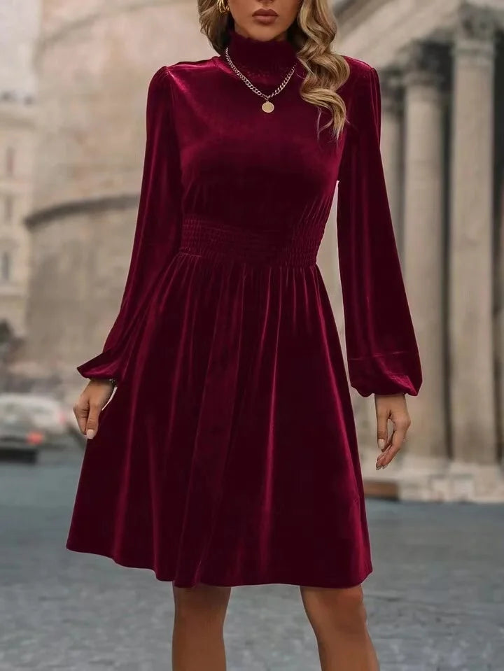 Ingvn - New Stand Collar Dresses for Women Elegant Slim Long Sleeve Women Dress Velvet A-LINE Dress Women Vestidos De Verano Mujer