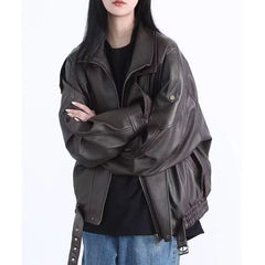 Ingvn  Woman Vitnage Black Leather Jackets Streetwear Fashion Solid Coat Harajuku High Waist Elegant Coat Spicy Girls Chic
