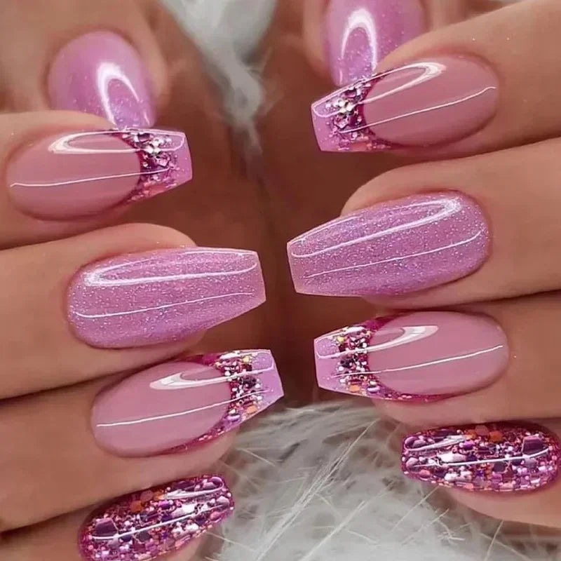Ingvn  24Pcs Simple Blue French Fake Nails with Diamond Love Pattern Design False Nails Press on Mid-length Ballet Full Cover Nail Tips