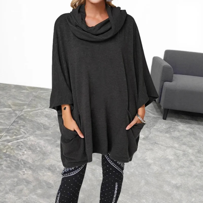 Ingvn  New Autumn Winter Style European American Loose Slouchy Turtleneck High Neck Pocket Pullover Long Sleeve Comfortable Top Women