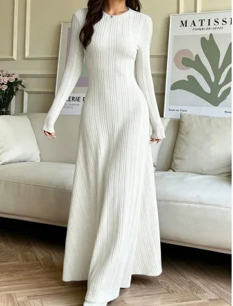 Ingvn - New Autumn And Winter Women's Slim Casual Fit Fashionable Women's Knitted Pit Stripe Solid Color Long Sleeved Round Neck Dress
