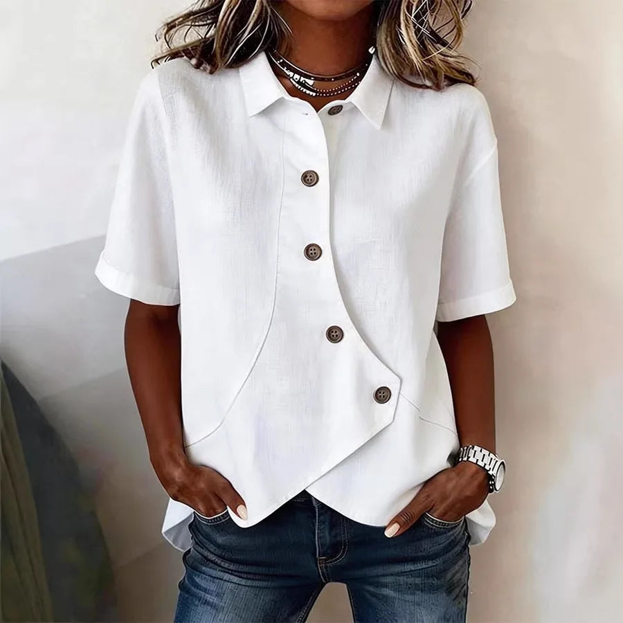 Summer Women's Casual Solid Irregular Shirt Fashion Elegant Top Button Short Sleeve Holiday Party Womens Tops And Blouses