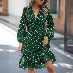 Ingvn  Waist Slimming Polka Dot Long Sleeve Elegant Dress