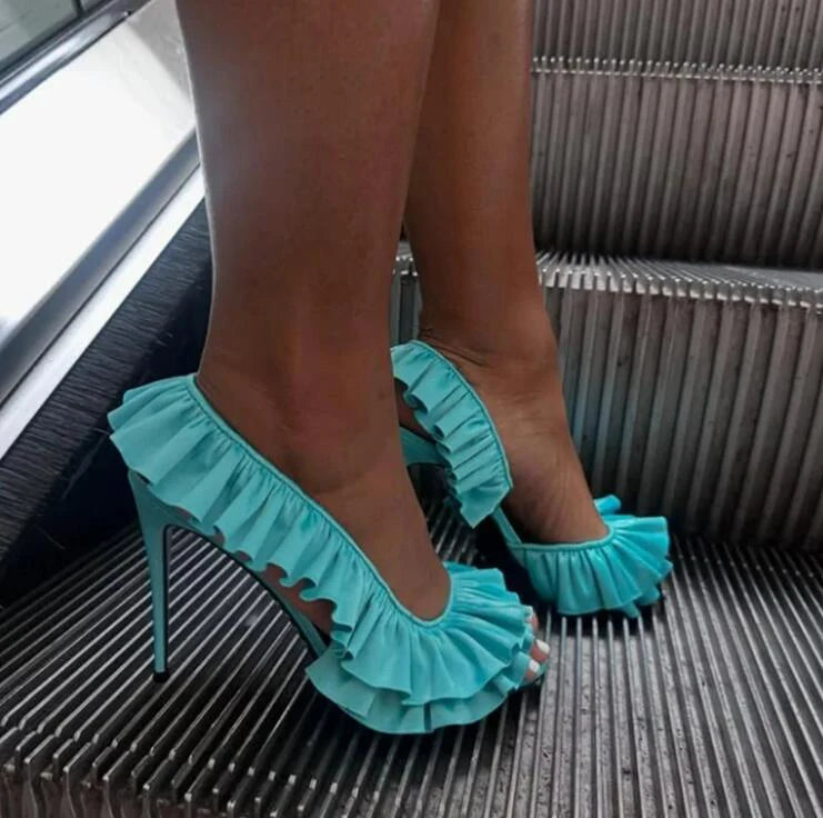 Ingvn - Neon Green Pink Silk Ruffle High Heel Sandals Women Open Toe 10cm Stiletto Heel Slip On Slingback Wedding Banquet Pumps Shoes