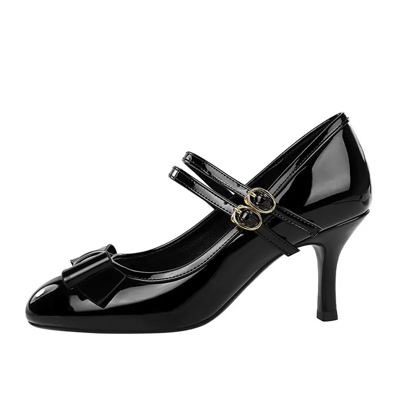 Ingvn  Lolita Style Sweet Bowknot Patent Leather Women Pumps Fashion Strap Buckle Mary Janes 7cm High heels Spring Summer Cosplay Shoes