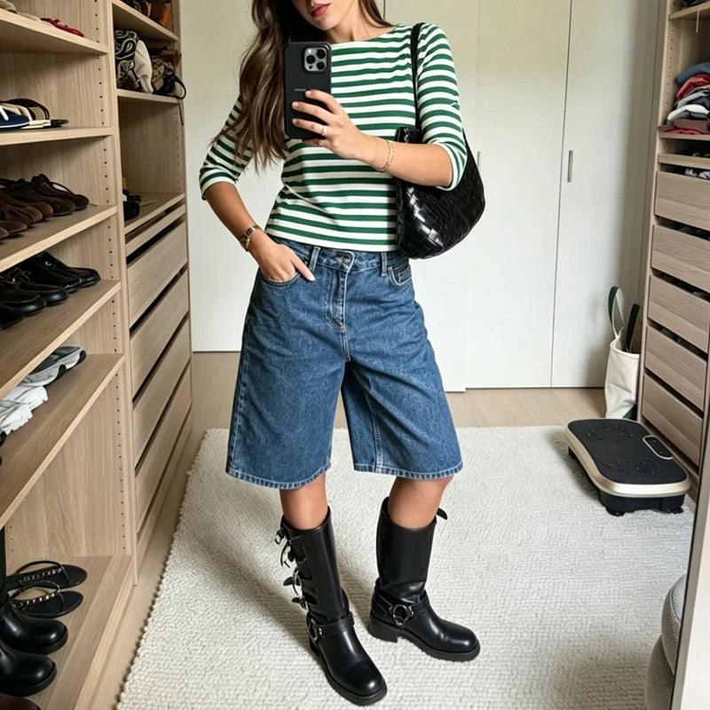 Ingvn  Women's Y2k American Retro Striped Contrast Color T-Shirts Boat Neck Three Quarter Sleeve Tee Tops Club Streetwear