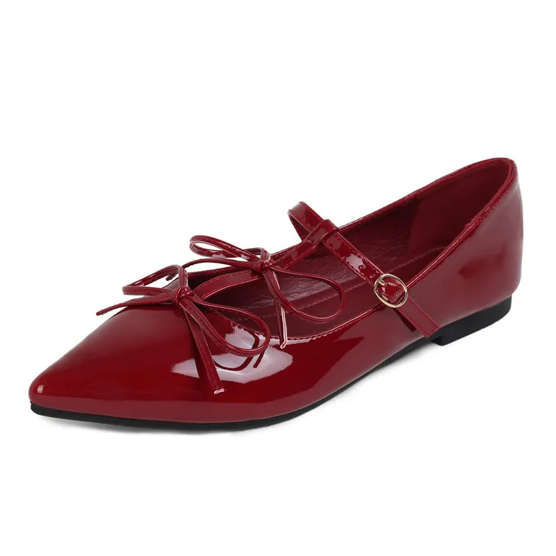 Ingvn  Fashion Patent Leather Bowknot Mary Janes Women Flats Pumps Spring Summer Elegant Pointed toe T-Strap Ladies Flats Party Shoes