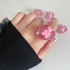 Pink Resin Geometric Ring for Women Girls Colorful Acrylic Bear Bowknot Heart Finger Ring Trendy Aesthetic Jewelry Accessories
