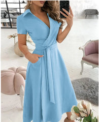Ingvn  Office Lady Elegant Summer Short Sleeveless Dress Women Casual Turn-Down Collar Belt Dress Sexy V Neck Slim Solid Long PartyRobe
