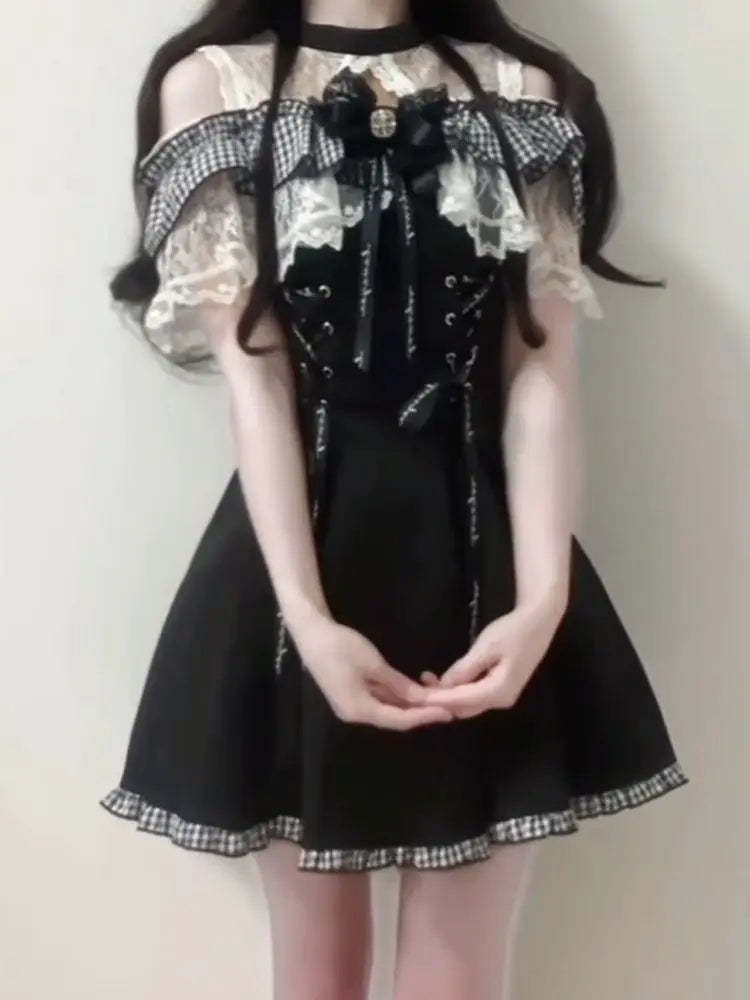 Ingvn  Sweet Japanese Harajuku Pullover Women Y2K Slim Cut Patchwork Lace Long Sleeve Tops Korean Chic Elegant Girls Club Daily Attire