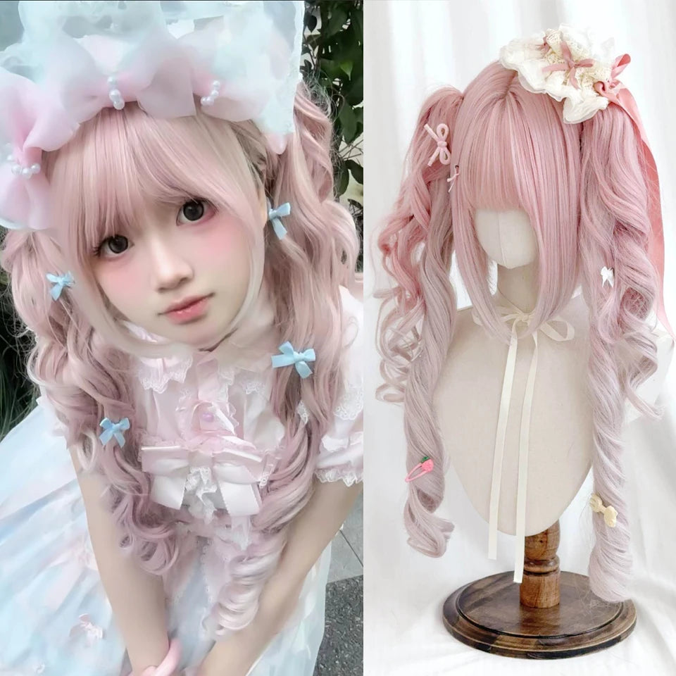 Ingvn - Long Wave Dusky Pink Cosplay Wig with Double Ponytail For Women Daily Party Lolita Synthetic Wigs Christmas Party Natural Wig