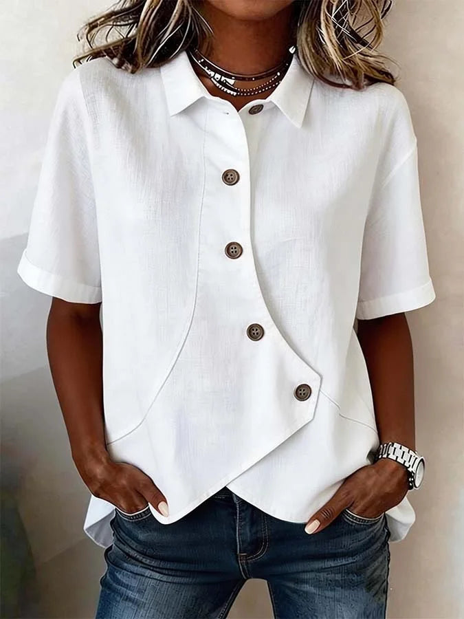 Summer Women's Casual Solid Irregular Shirt Fashion Elegant Top Button Short Sleeve Holiday Party Womens Tops And Blouses