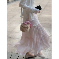 Ingvn  Japanese Kawaii Midi Skirt Y2k Harajuku Ruffles Lace Skirt Sweet Preppy Style Women Subculture Chic High Waist Bow Skirt