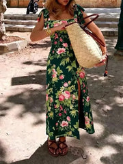 Ingvn  French Retro Floral Print Maix Dresses for Women Square Collar Bow Strap Slimming Slit Design for Beach Vacations