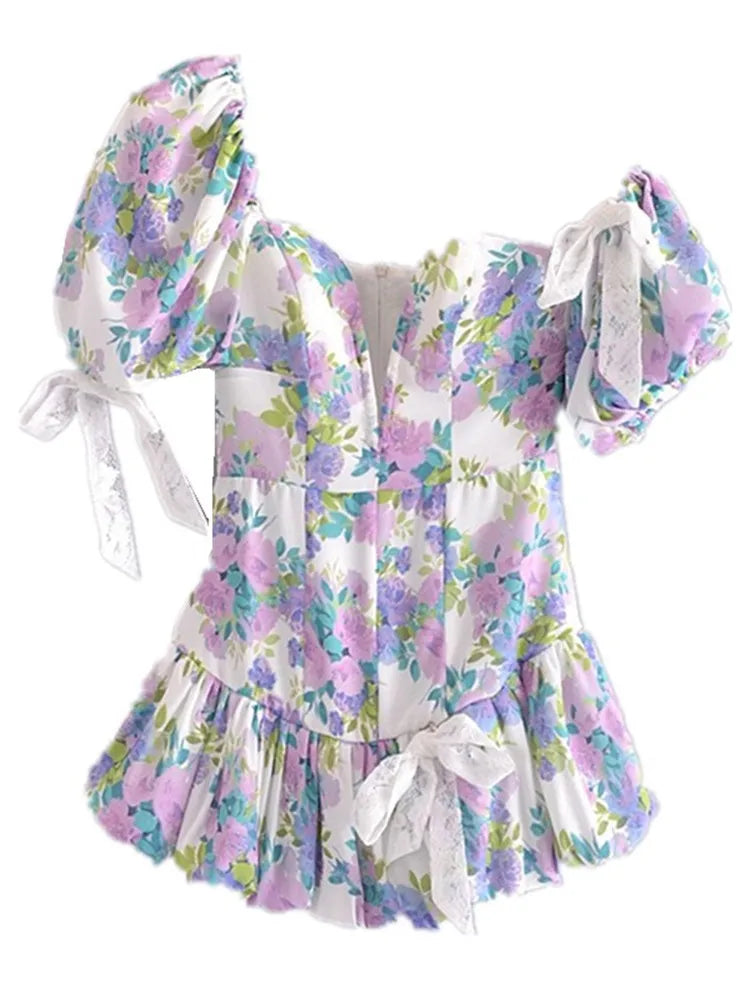 Ingvn  Sexy Short Lantern sleeve One Shoulder Party Dresses Retro Women Spliced Bow Bandage Floral Print Mini Dress