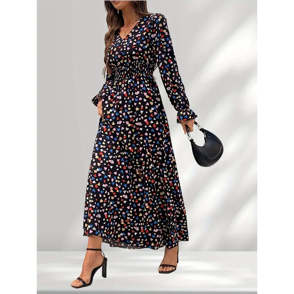Ingvn  Fashion Floral Printed Long Party Dress For Women V-neck Long Sleeved Casual Elegant Maxi Dress