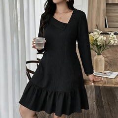 Ingvn - New Long Sleeve Dresses for Women Skew Collar Women Dress Elegant Solid A-LINE Dress Women Vestidos De Verano Mujer