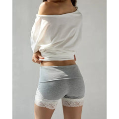 Ingvn  Womens Slim Fit Elastic High Rise Foldover Waist Bottoms with Wide Floral Lace Trim Patchwork Athletic Yoga Shorts