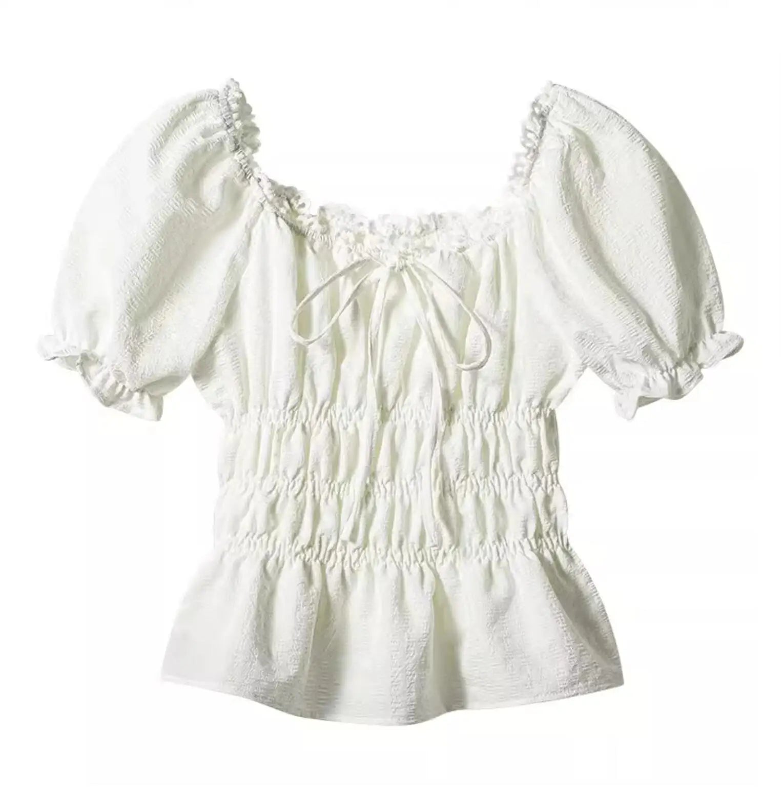 Ingvn  French Style Retro White Short Puff Sleeve Shirt Women Ruched Elastic Slim Waist Summer Crop Tops