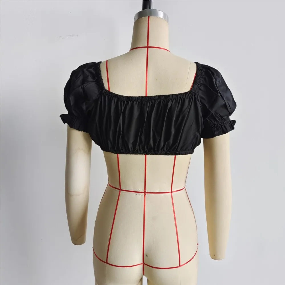 Ingvn  Fashion Bandage Lacing up Bow Elastic Puff Sleeve Crop top Women Summer V neck Tank Tops white black