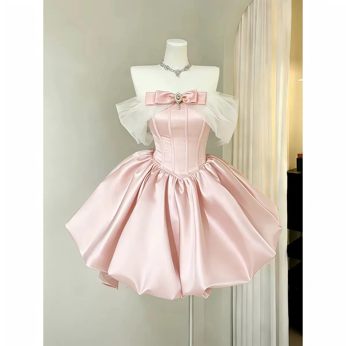 Ingvn  Elegant Sweet Socialite Princess Blue Birthday Party Dress Off-shoulder Bow Mesh High-waist Puffy Short Dress Women Summer