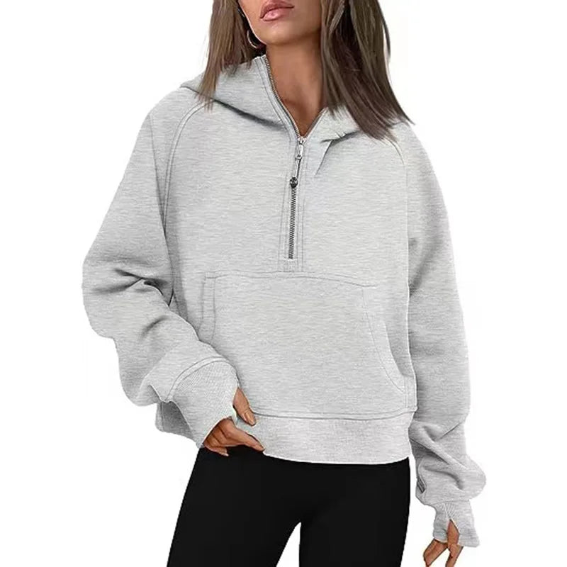 Ingvn - Autumn Winter New Arrival Womens Sports Half Zip Loose Solid Color Versatile Cropped Hooded Fleece Casual Pullover Sweatshirt