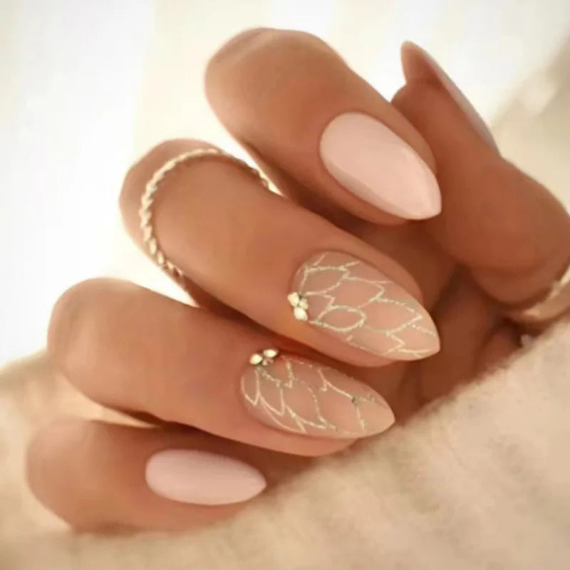 Ingvn  24Pcs Detachable Oval Fake Nail with Almond Head Mid-length Butterfly Pattern Press on False Nails Cat's Eye Design Manicure Tip