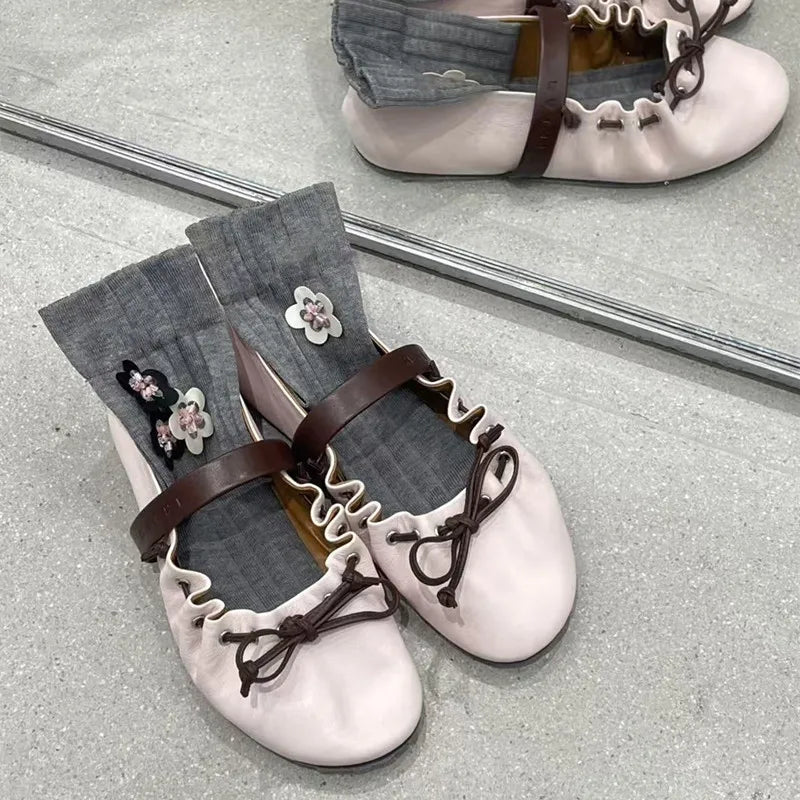 Ingvn  Ins style Fashion Pleated Bowknot Ruffle Women Ballet Flats Spring Summer Soft Leather Mary Janes Walking Loafers Casual Shoes