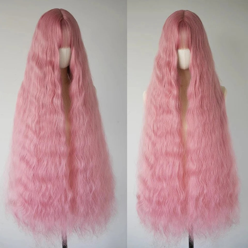 Ingvn - Super Long 100m Wavy Pink Fluffy Wig With Bangs Synthetic Halloween Cosplay Party Green Natural Looking Lolita Wigs For Women