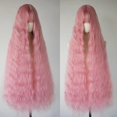Ingvn - Super Long 100m Wavy Pink Fluffy Wig With Bangs Synthetic Halloween Cosplay Party Green Natural Looking Lolita Wigs For Women