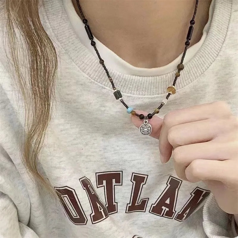 Ingvn  Ping An Lock Handmade Bone Chain with Retro Beaded Design Feeling: A Small Group Necklace with a New Chinese Style Chinese Style