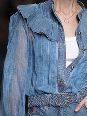 Ingvn  Women Ruffle Retro Button Shirts See Through Stand Collar Mori Girl Long Sleeve Blouse Spring Casual Elegant Shirts Top