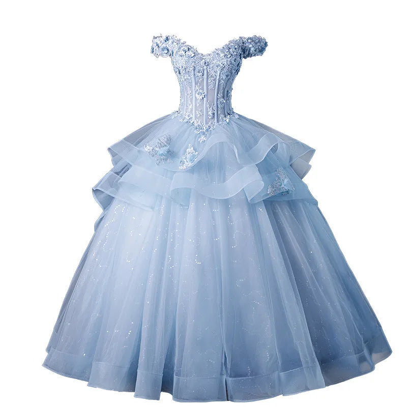 Ingvn - New Blue Elegant Long Evening Dress Women Sexy Off-Shoulder Organza Party Wedding Dress Formal Occasion Dresses