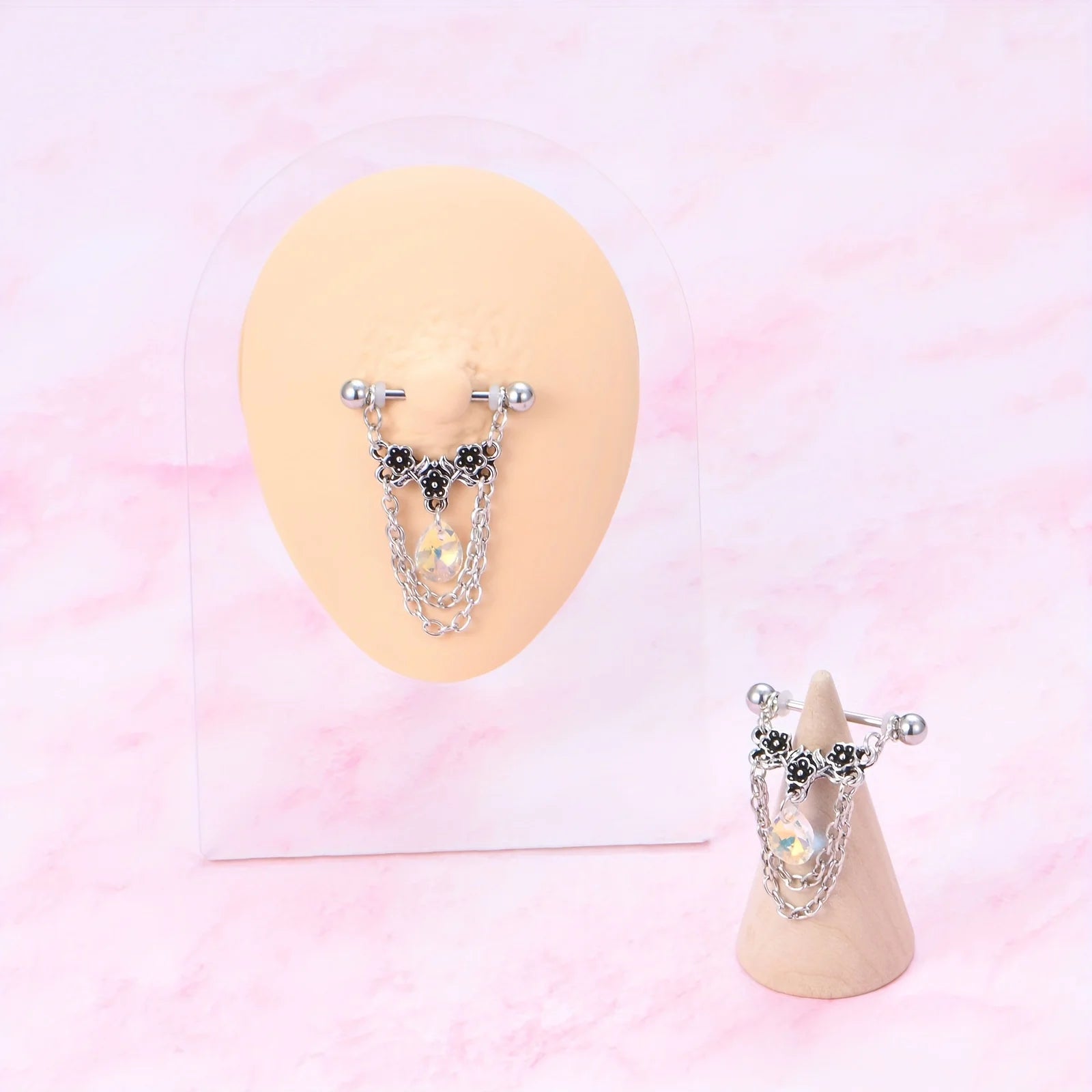 Ingvn  1pair Stainless Steel Nipple Rings, Nipple Barbell With Chain CZ, Nipple Piercing Jewelry