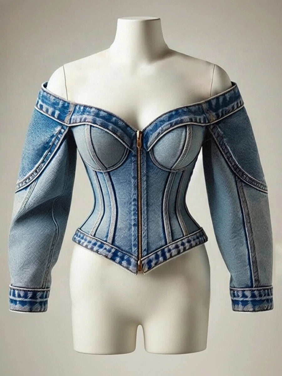 Ingvn  Y2k Denim Top Women Elegant Off The Shoulder Zip Up Cardigan Short Slim Fit Long Sleeve Shirt Female Blouse Jacket