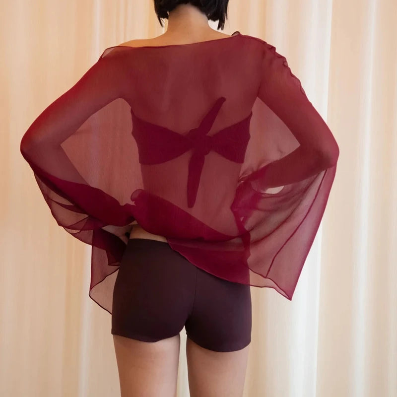 Ingvn  Womens Sheer Chiffon Cape Sleeve Top Batwing Boat Neck Loose Flowy See Thru Blouse Bikini Cover Up Vacation Beachwear