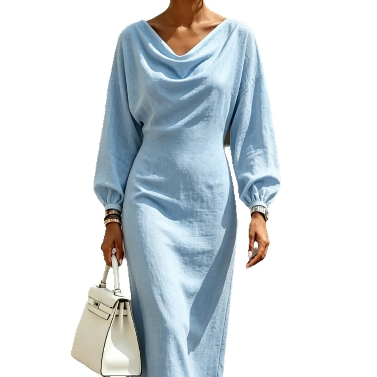 Ingvn - Street Fashion Women's Slim Fit Dress Long Sleeve Daily Wear Summer Dress Gentle Style High Waist Batwing Sleeve