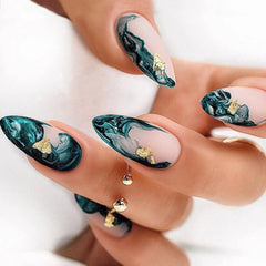 Ingvn  24Pcs Almond Fake Nail with Leaves Design Simple Brown False Nails Wearable French Oval Press on Nails Reusable Stiletto Nails