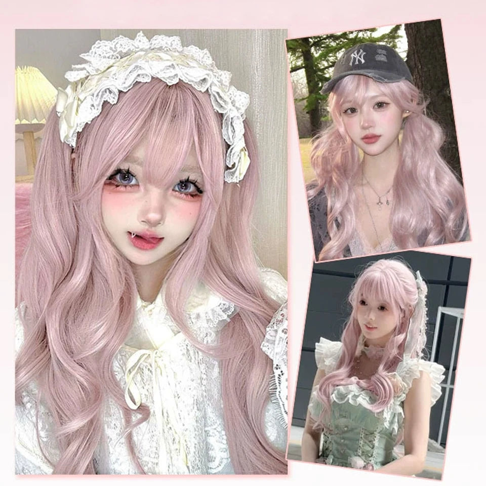 Ingvn  Long Wavy Pink Wig with Bangs Synthetic Cosplay Natural Lolita Purple Green Wig Halloween Costume Wig for Women Daily Wear