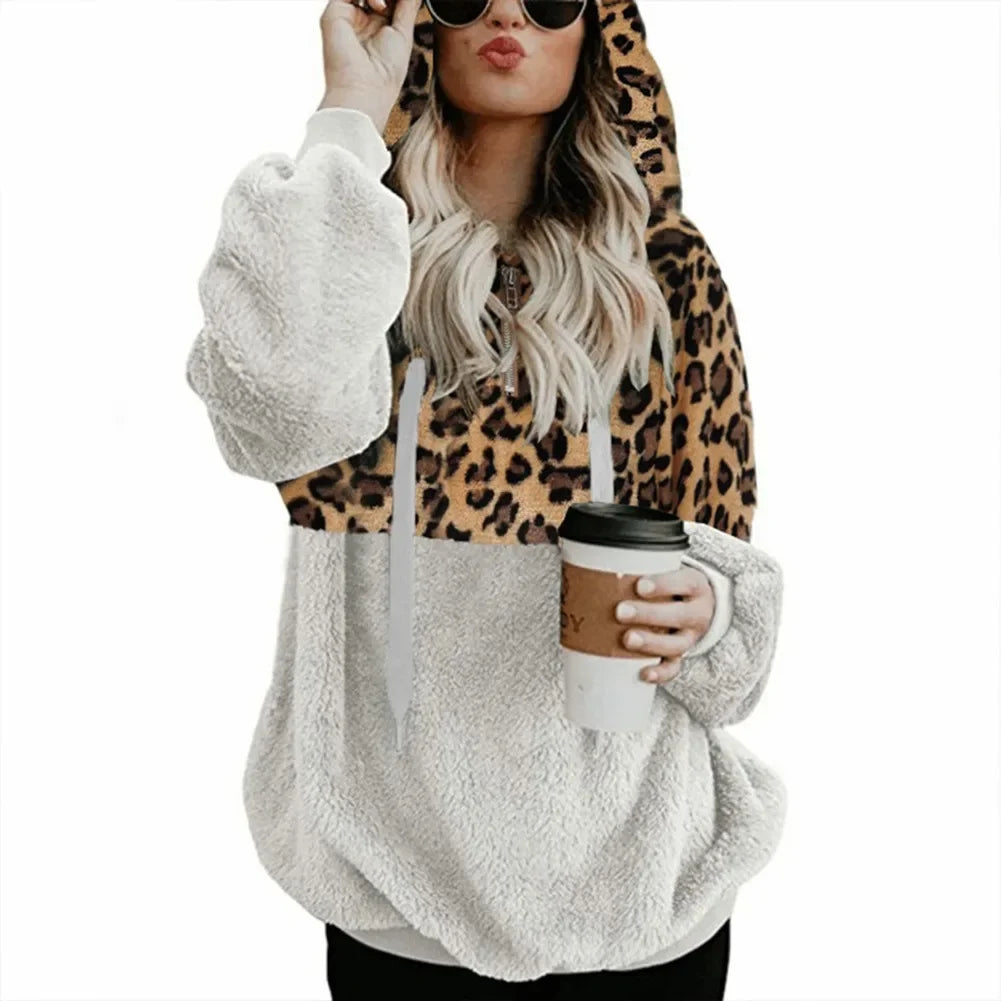 Ingvn  New Women Fashion Autumn and Winter Long-sleeved Sweatshirt Ladies Leopard Print Patchwork Zipper Casual Loose Pullovers Top