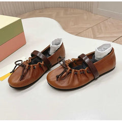 Ingvn  Ins style Fashion Pleated Bowknot Ruffle Women Ballet Flats Spring Summer Soft Leather Mary Janes Walking Loafers Casual Shoes