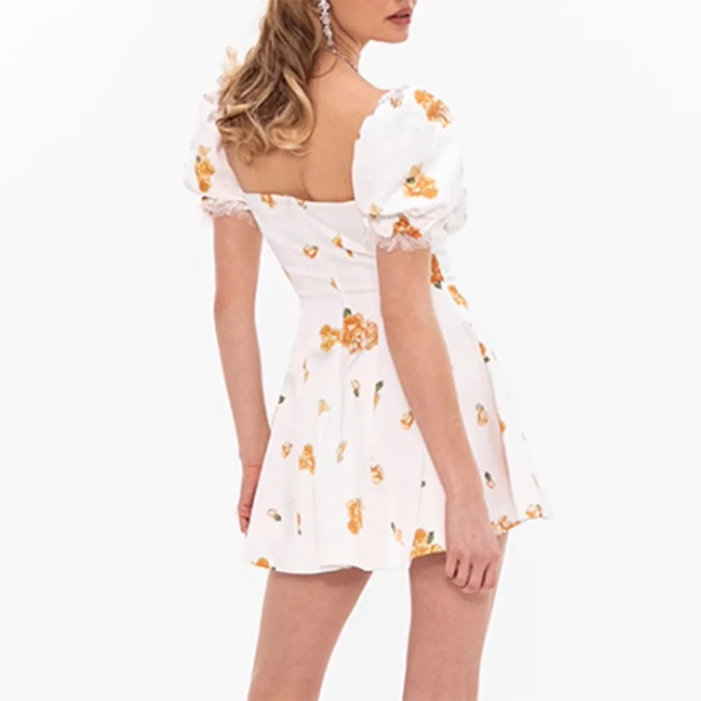 Ingvn  Hit Color Printing Slimming Mini Dresses for Women Square Neck Short Leeve High Waist Temperament Dress Female