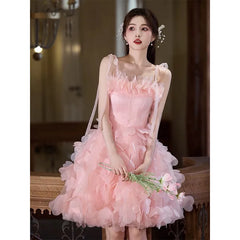 Ingvn  Spring French Elegant Socialite Sleeveless Strapless Pink Dress Sweet Princess 3D Flower Puffy Birthday Party Dresses Women