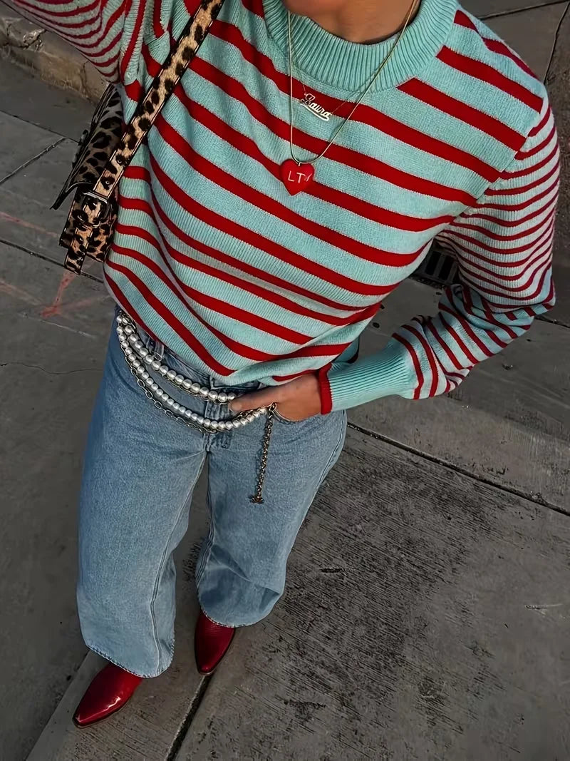 Ingvn - Women Striped Knit Sweater Mint Green Red Crew Neck Long Sleeve Contrast Trim Casual Pullover Jumper Top